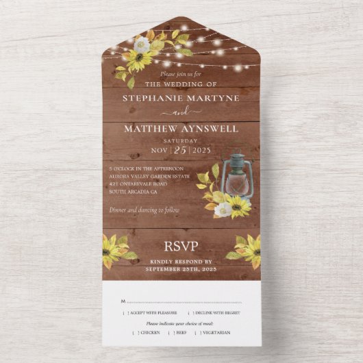 Rustige Herfst Zonnebloem Lights Hout Weddenschap All In One Uitnodiging (Binnen)