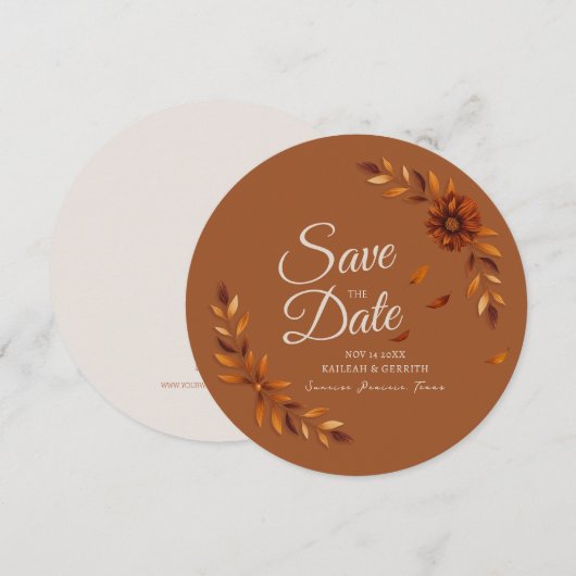 Rustige herfstbladeren Verbrande Sienna Beige Brui Save The Date (Voorkant / Achterkant)