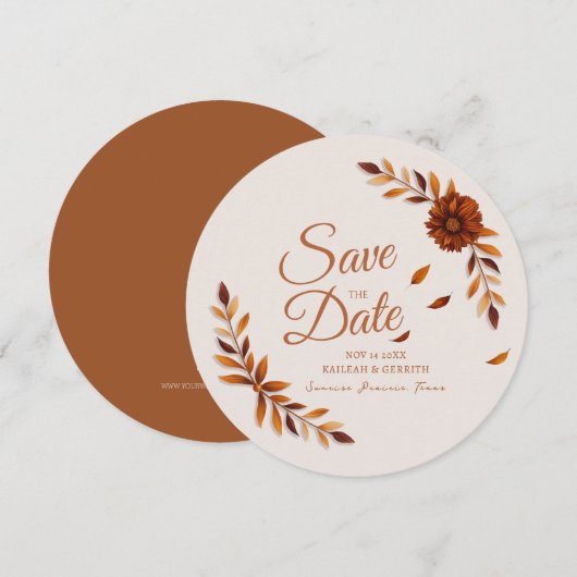 Rustige herfstbladeren Verbrande Sienna Beige Brui Save The Date (Voorkant / Achterkant)