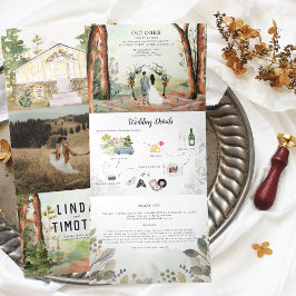 Rustige herfstbos | Boho bruiloft Drieluik Uitnodiging