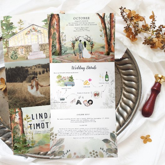 Rustige herfstbos | Boho bruiloft Drieluik Uitnodiging