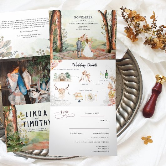 Rustige herfstbos | Boho bruiloft Drieluik Uitnodiging