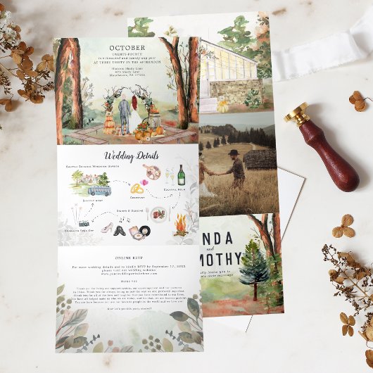 Rustige herfstbos | Boho bruiloft Drieluik Uitnodiging
