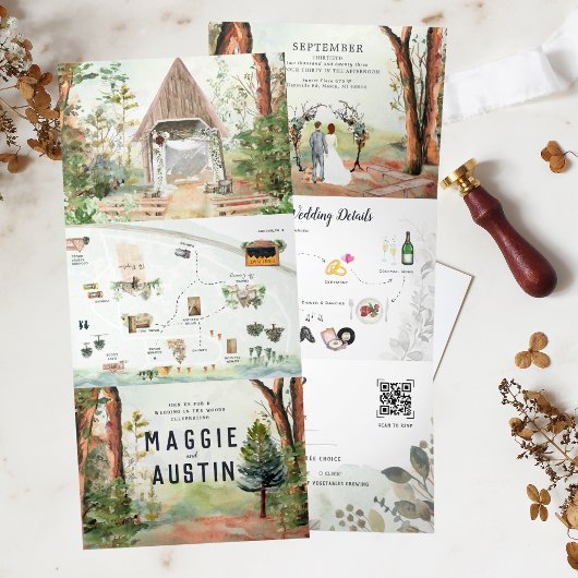 Rustige herfstbos | Boho bruiloft Drieluik Uitnodiging