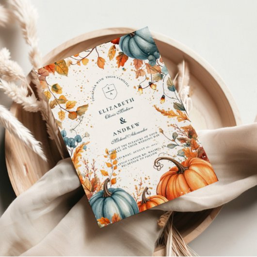 Rustige herfstbruiloft met pompoen kaart