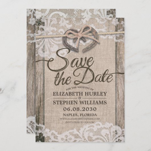 Rustige Hoefijzer Burlap Wedding Save the Date (Voorkant / Achterkant)