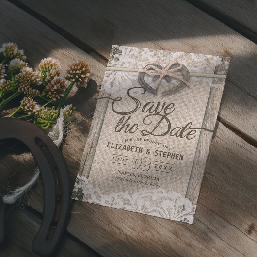 Rustige Hoefijzer Burlap Wedding Save the Date