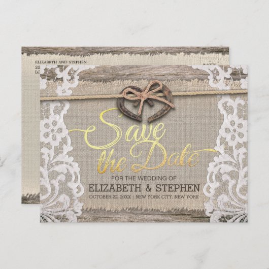 Rustige Hoefijzer Burlap Wedding Save the Date Aankondigingskaart (Voorkant / Achterkant)