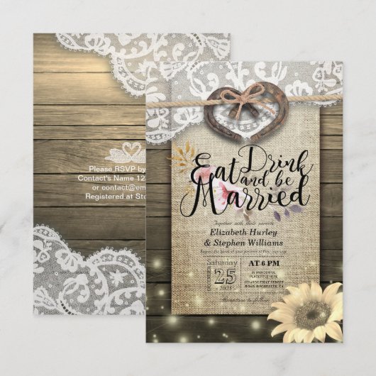 Rustige Hoefijzer Lace EAT Drink wordt gehuwd Kaart (Voorkant / Achterkant)