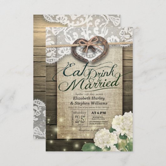 Rustige Hoefijzer Lace EAT Drink wordt gehuwd Kaart (Voorkant / Achterkant)