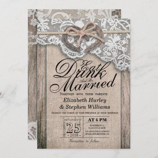 Rustige Hoefijzer Lace EAT Drink wordt gehuwd Kaart (Voorkant / Achterkant)