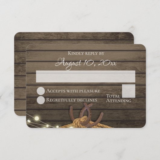 Rustige Hoefijzers Barn Wood Lights Wedding RSVP Kaart (Voorkant / Achterkant)