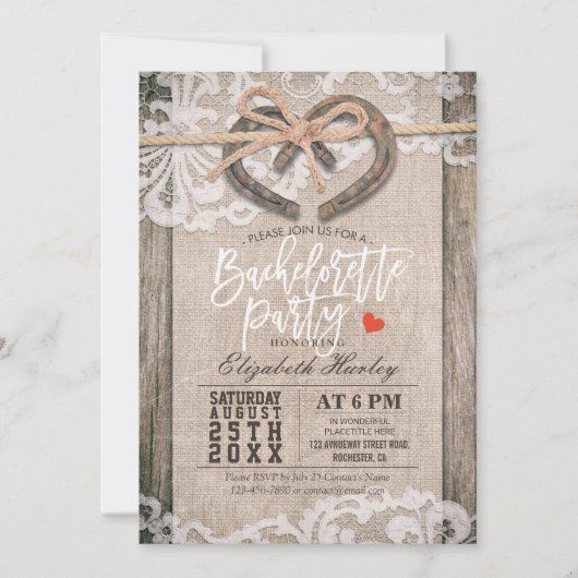 Rustige Hoefijzers Burlap Lace Bachelorette Party Kaart (Voorkant)