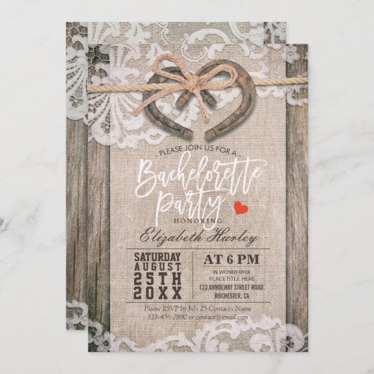 Rustige Hoefijzers Burlap Lace Bachelorette Party Kaart (Voorkant / Achterkant)