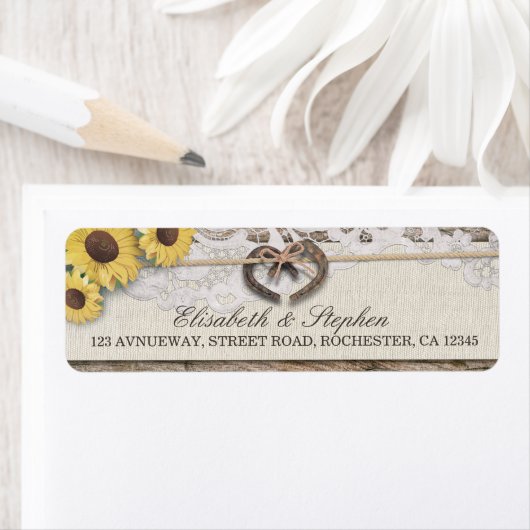 Rustige Hoefijzers Burlap Lace Sunflower Weddings Etiket (Insitu)
