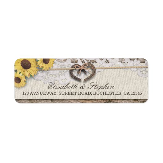 Rustige Hoefijzers Burlap Lace Sunflower Weddings Etiket (Voorkant)