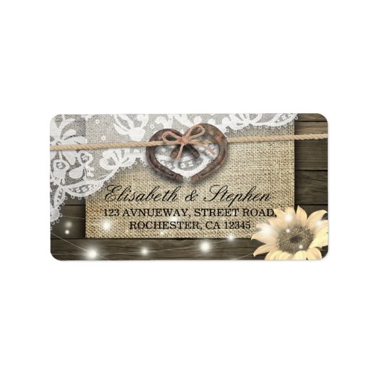 Rustige Hoefijzers Burlap Lace Sunflower Weddings Etiket (Voorkant)