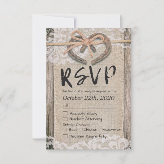 Rustige Hoefijzers Burlap Lace Wedding RSVP Antwoo (Voorkant)