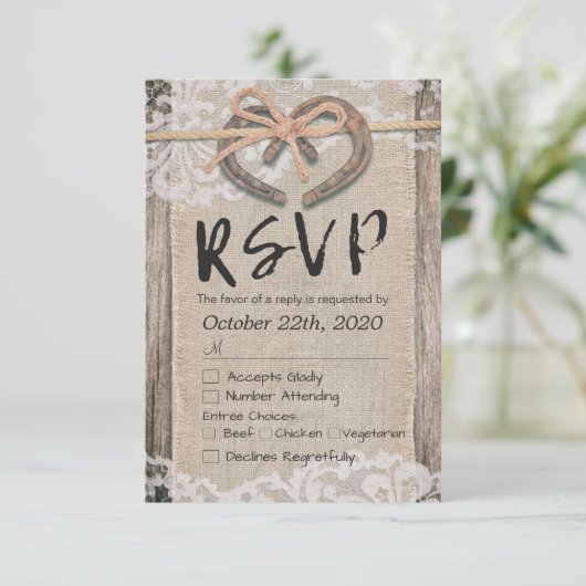 Rustige Hoefijzers Burlap Lace Wedding RSVP Antwoo (Staand voorkant)