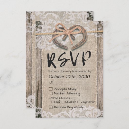 Rustige Hoefijzers Burlap Lace Wedding RSVP Antwoo (Voorkant / Achterkant)