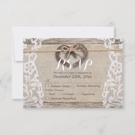 Rustige Hoefijzers Burlap Lace Wedding RSVP Antwoo (Voorkant)