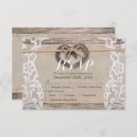 Rustige Hoefijzers Burlap Lace Wedding RSVP Antwoo (Voorkant / Achterkant)