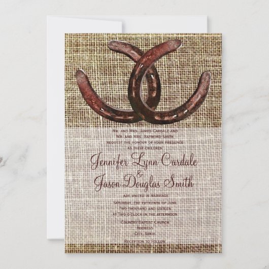 Rustige Hoefijzers Burlap Print Wedding-uitnodigin Kaart (Voorkant)