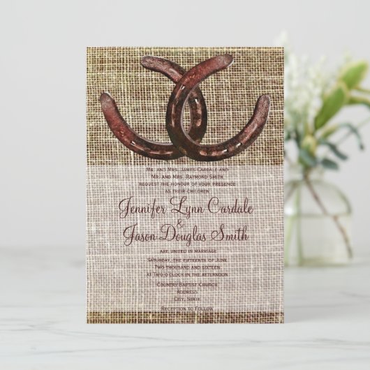 Rustige Hoefijzers Burlap Print Wedding-uitnodigin Kaart (Staand voorkant)