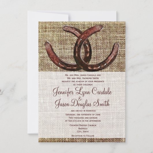 Rustige Hoefijzers Burlap Print Wedding-uitnodigin Kaart (Voorkant)