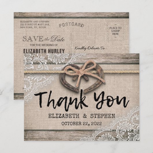 Rustige Hoefijzers Burlap Wedding Bedankt Briefkaart (Voorkant / Achterkant)