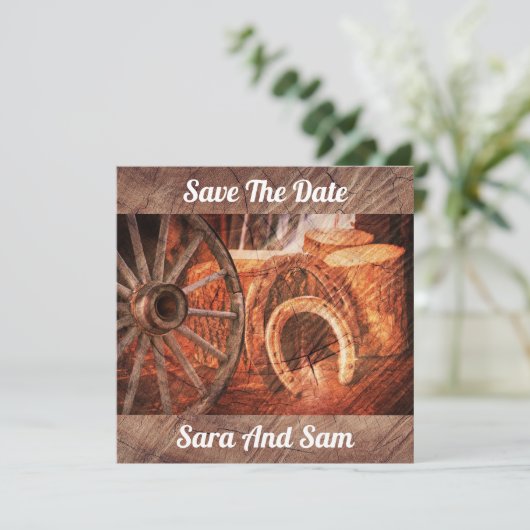 Rustige Hoefijzers op wielwielen Westerne stijl Save The Date (Staand voorkant)