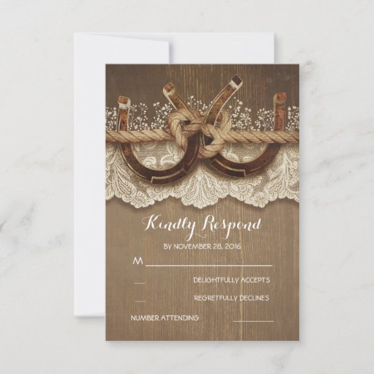 Rustige Hoefijzers van het land Hout Wace Wedding  RSVP Kaartje (Voorkant)