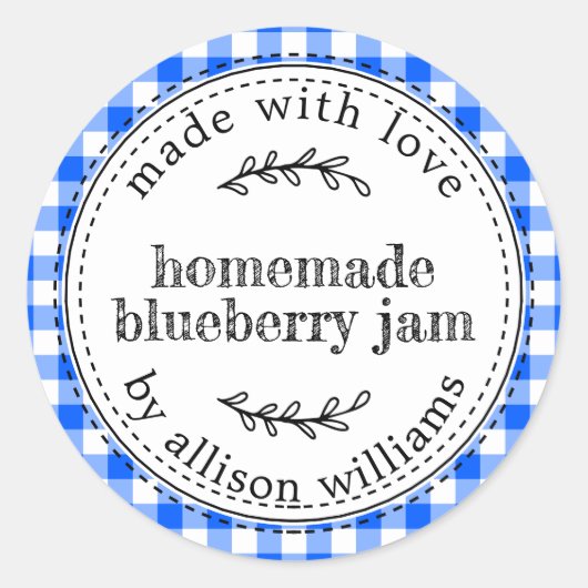 Rustige Homemade Blueberry Jam Bright Blue Check Ronde Sticker (Voorkant)