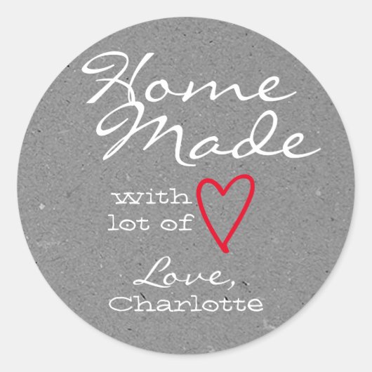 Rustige Homemade met Love Red Heart Grey Paper Ronde Sticker (Voorkant)
