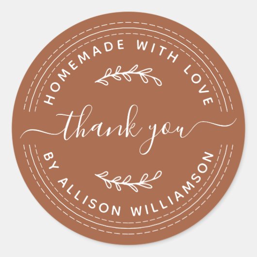 Rustige Homemade met Love TerraCotta Dank u Ronde Sticker (Voorkant)