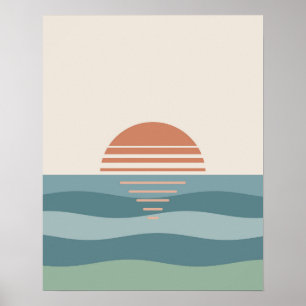 Rustige Horizon Retro Zonsondergang Pastel Modern Poster