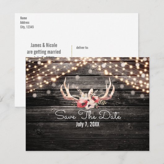 Rustige Hout en lichte Floral Antlers sparen de Da Aankondigingskaart (Voorkant / Achterkant)