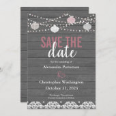 Rustige Hout en String Lights/Lantern Save the Dat Kaart (Voorkant / Achterkant)