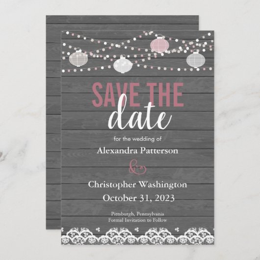 Rustige Hout en String Lights/Lantern Save the Dat Kaart (Voorkant / Achterkant)