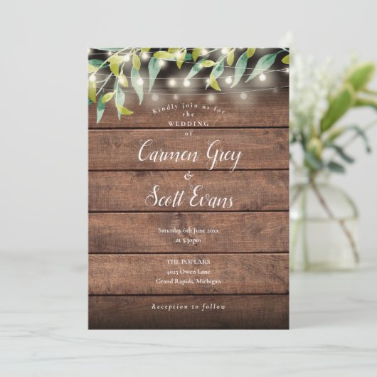 Rustige Hout Eucalyptus String Lights Wedding Kaart (Staand voorkant)