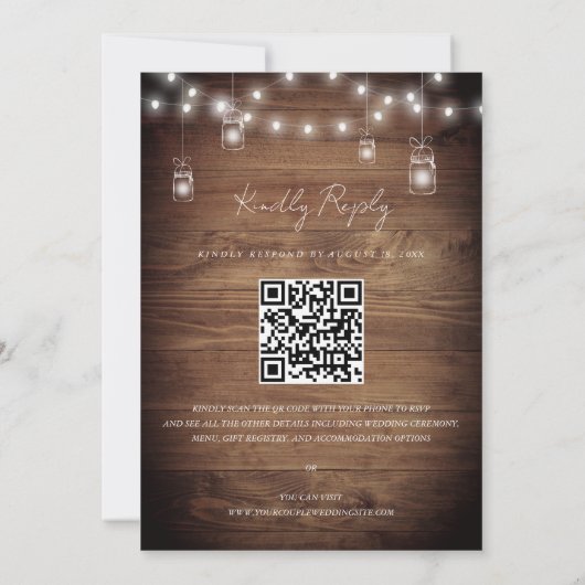 Rustige Hout String Lights Wedding QR Code RSVP Kaart (Achterkant)