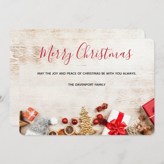 Rustige houtafbeelding met kerstobjecten feestdagenkaart (Voorkant / Achterkant)