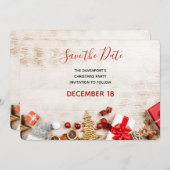 Rustige houtafbeelding met kerstobjecten save the date (Voorkant / Achterkant)