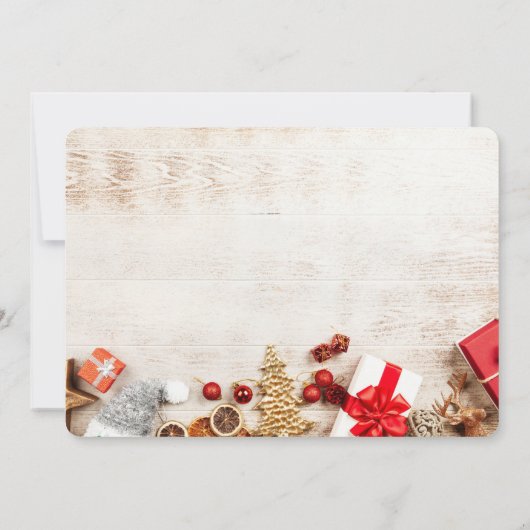 Rustige houtafbeelding met kerstobjecten save the date (Achterkant)