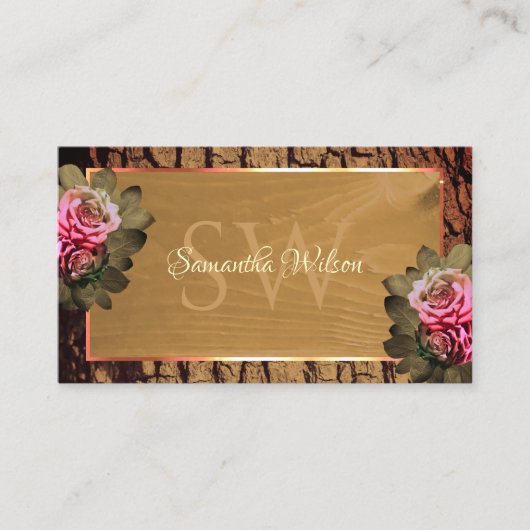 Rustige houtbomen Bark Blooming Roze Monogram Visitekaartje (Voorkant)