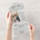 Rustige houten botanische monogram foto Wedding All In One Uitnodiging (Afscheurbaar)