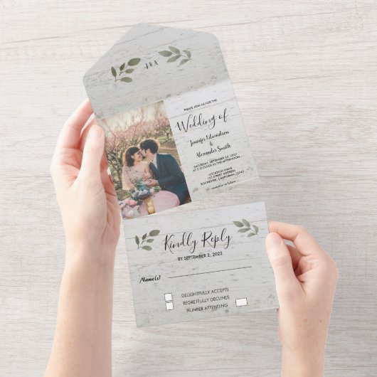 Rustige houten botanische monogram foto Wedding All In One Uitnodiging (Afscheurbaar)