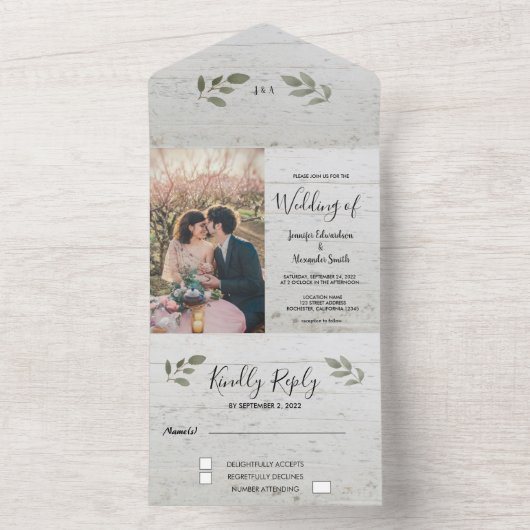 Rustige houten botanische monogram foto Wedding All In One Uitnodiging (Binnen)