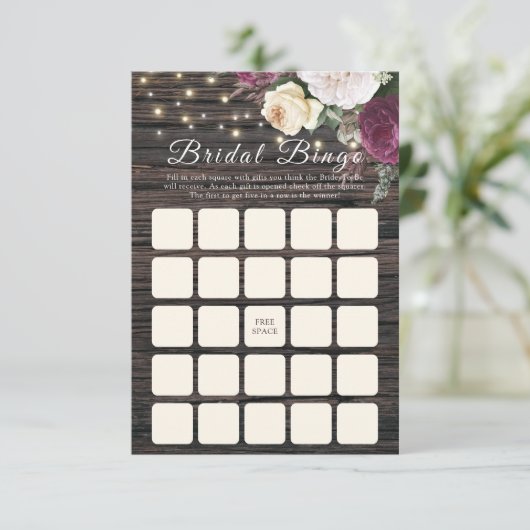 Rustige houten bruiloft Bridal Bingo (Staand voorkant)