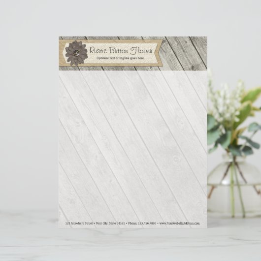 Rustige houten Button Fabric Flower & Shabby Burla Briefhoofd Ontwerp (Staand voorkant)